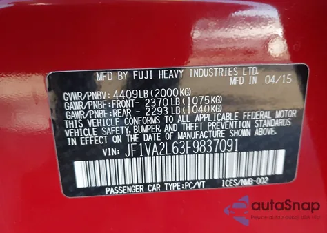 2015 Subaru Wrx Sti from USA, damaged, VIN JF1VA2L63F9837091